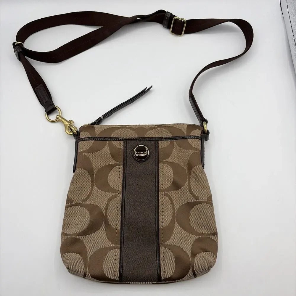 Coach Signature‎ Stripe Swingpack bag tan brown Logo Crossbody